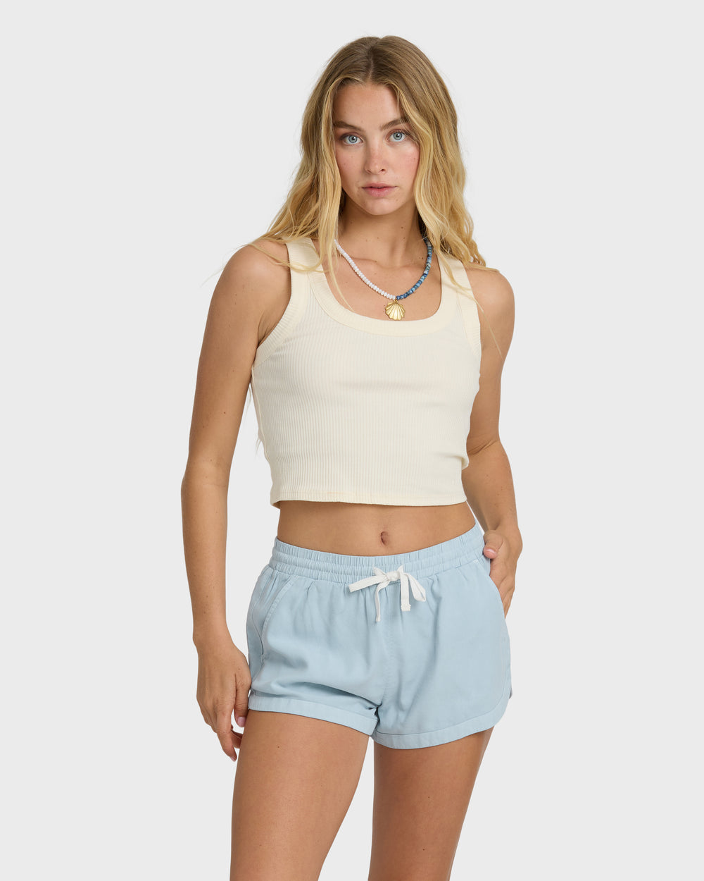 BL000150_BHLW_OM-F_f48eac9d-b779-4c8a-a0a8-65a52d60b8f6.jpg Road Trippin Elastic Waist Shorts - Washed Chambray - Image 1