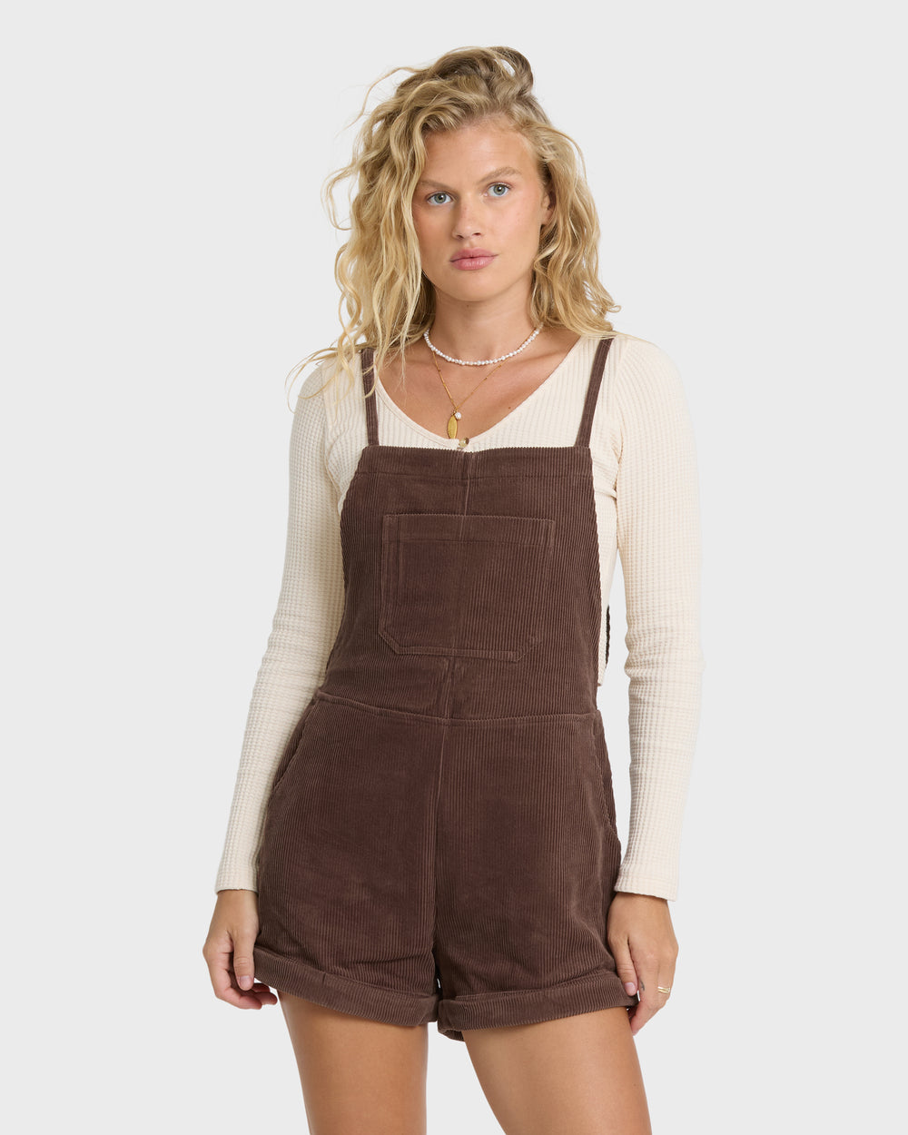 BL001016W_TEK1_OM-F.jpg Wild Pursuit Overall Cord Romper - Teak - Image 1